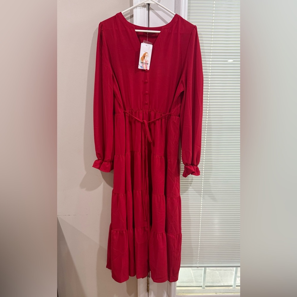 Red Ruched Tie Front Sundress with Bishop Sleeves
